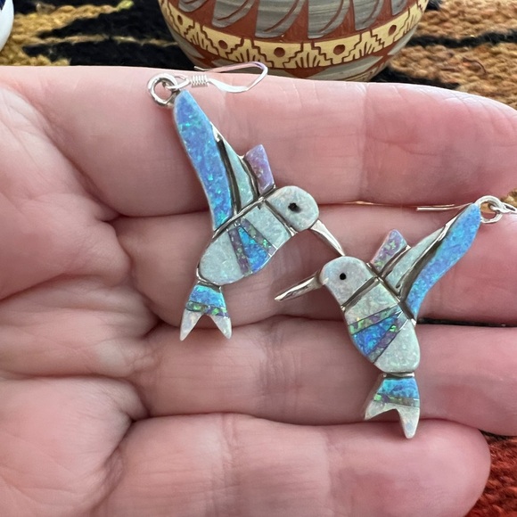 ❤️ Signed Zuni Opal Inlay Native American Sterling Hummingbird Earrings 9.2Gm - Picture 10 of 11